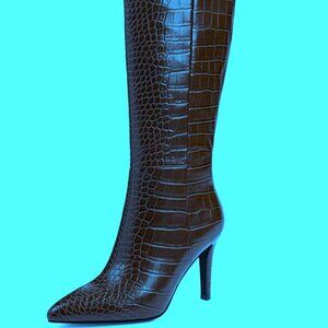 A.M Women Knee High Faux CROC Br. Boots Pointed Toe Stiletto Heel w/Zipper SZ 10